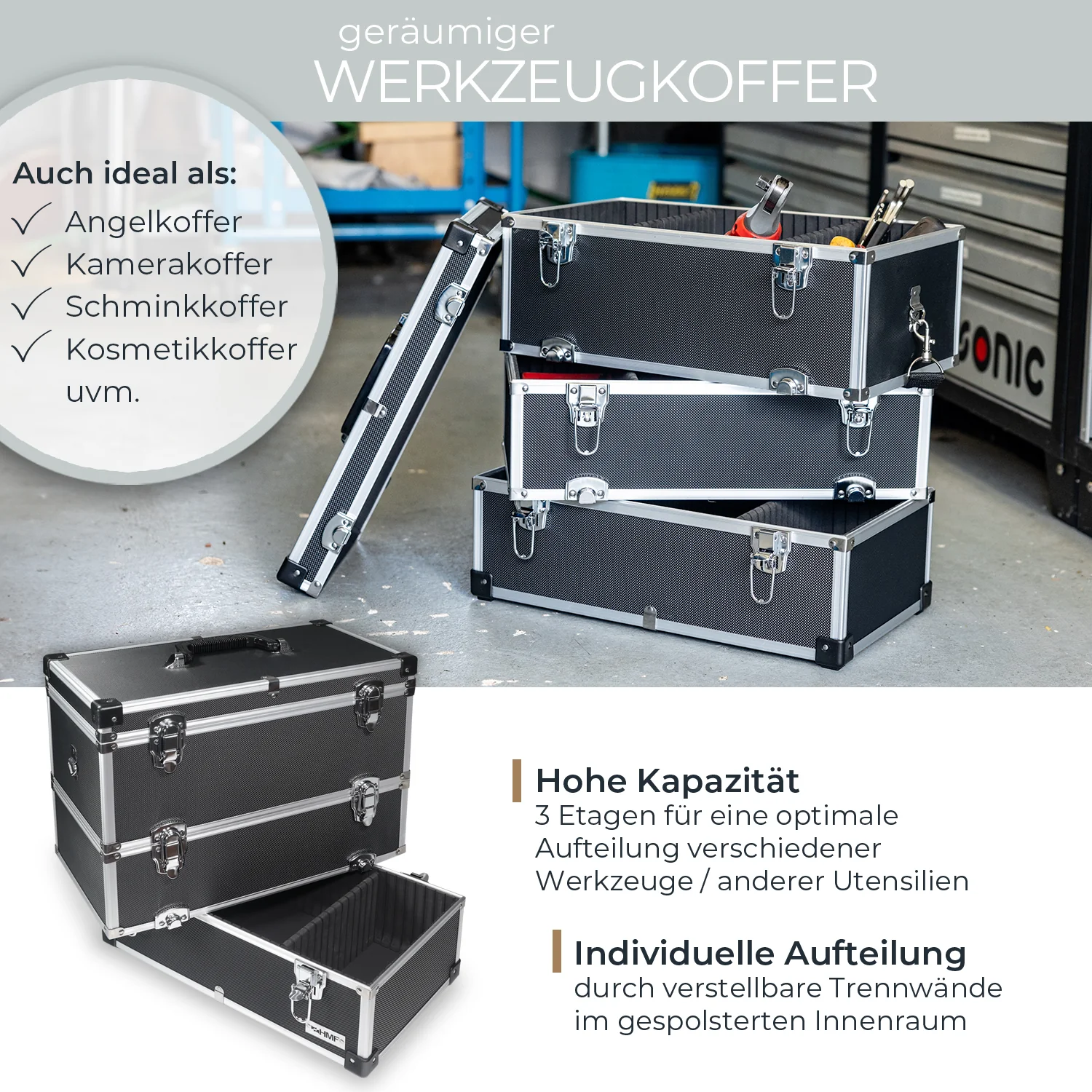 Alu Werkzeugkoffer Etagen leer, verstellbare Facheinteilung, HMF 14600 - Image 11