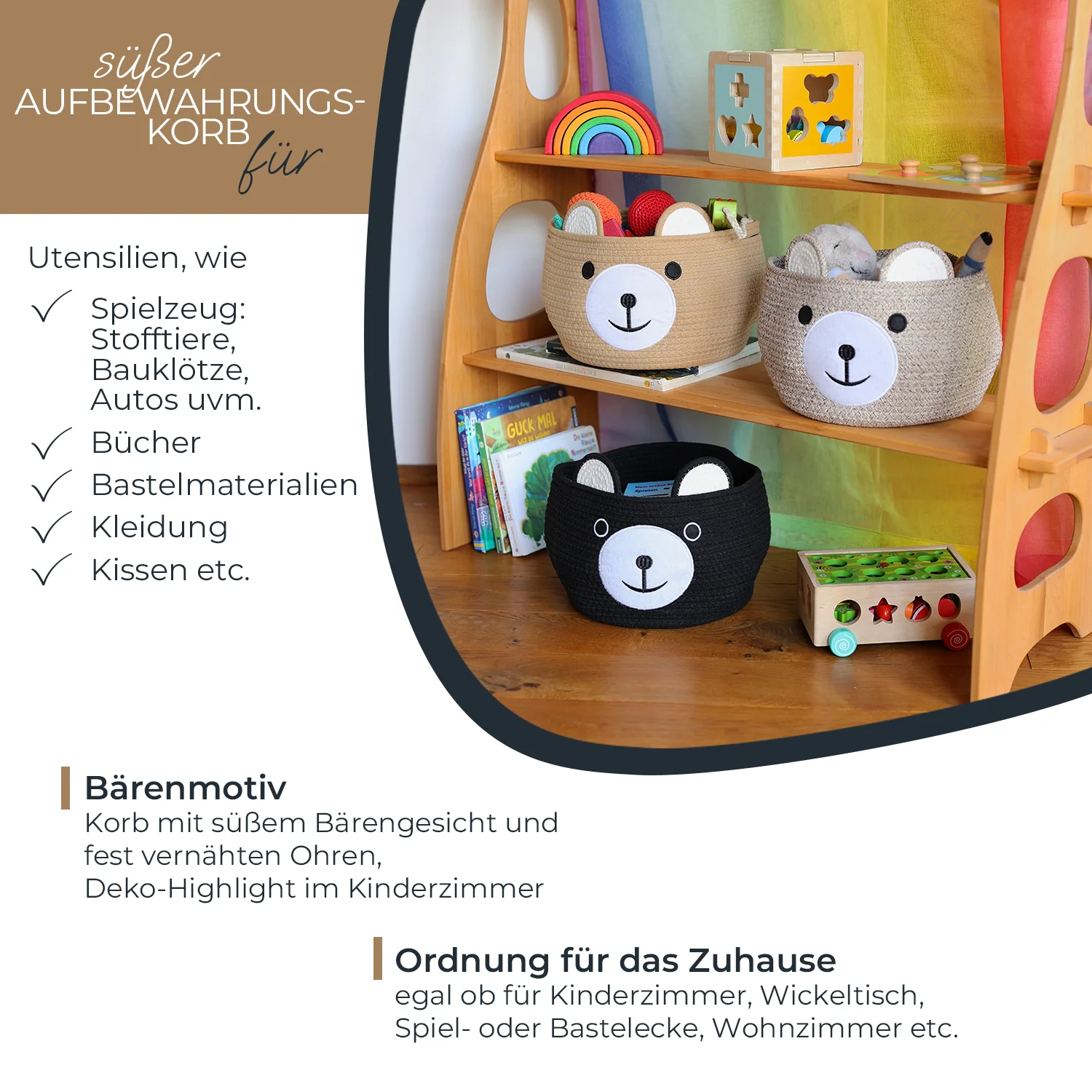 Aufbewahrungskorb mit versteckten Griffen, Korb für Kinderzimmer aus Baumwolle, Bär, HMF 39021, 30 x 24 cm - Image 12
