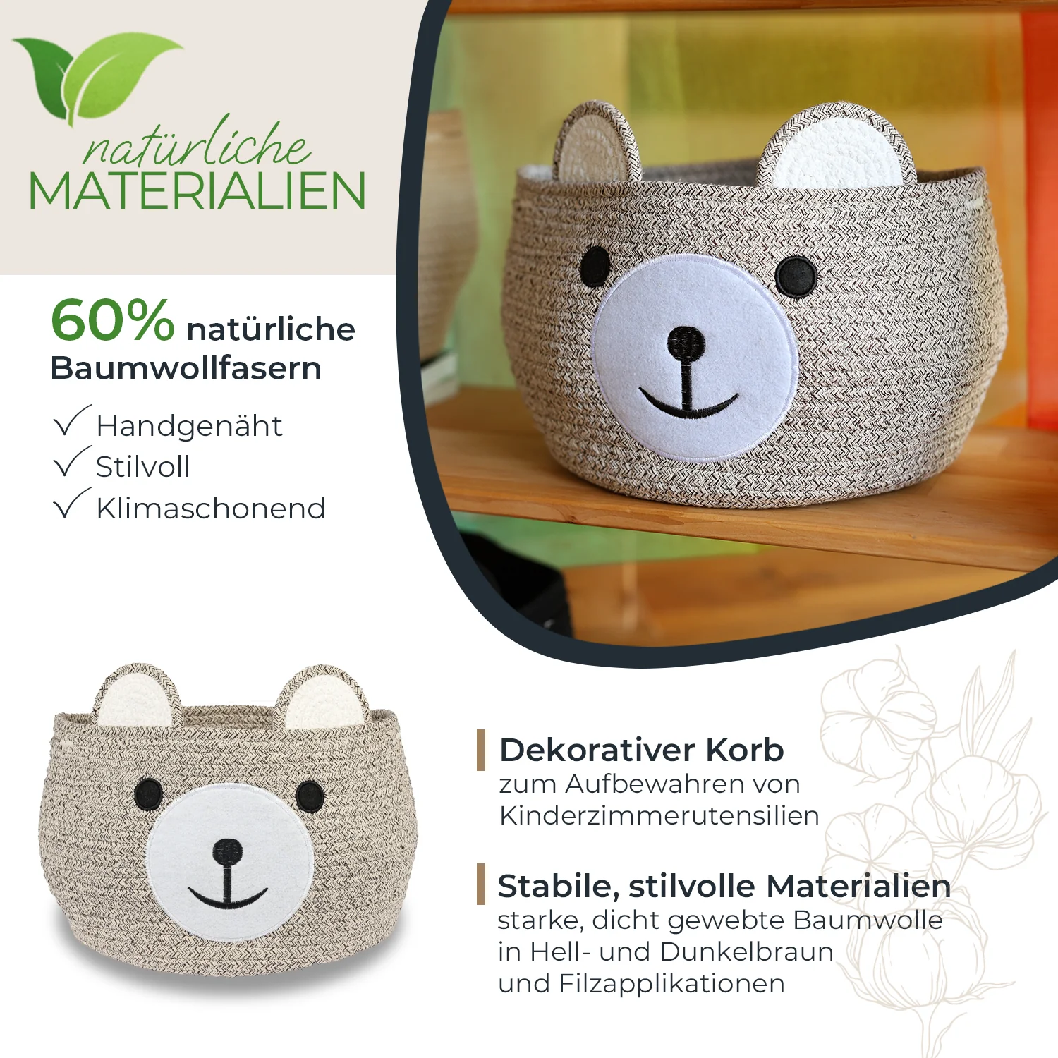 Aufbewahrungskorb mit versteckten Griffen, Korb für Kinderzimmer aus Baumwolle, Bär, HMF 39021, 30 x 24 cm - Image 2