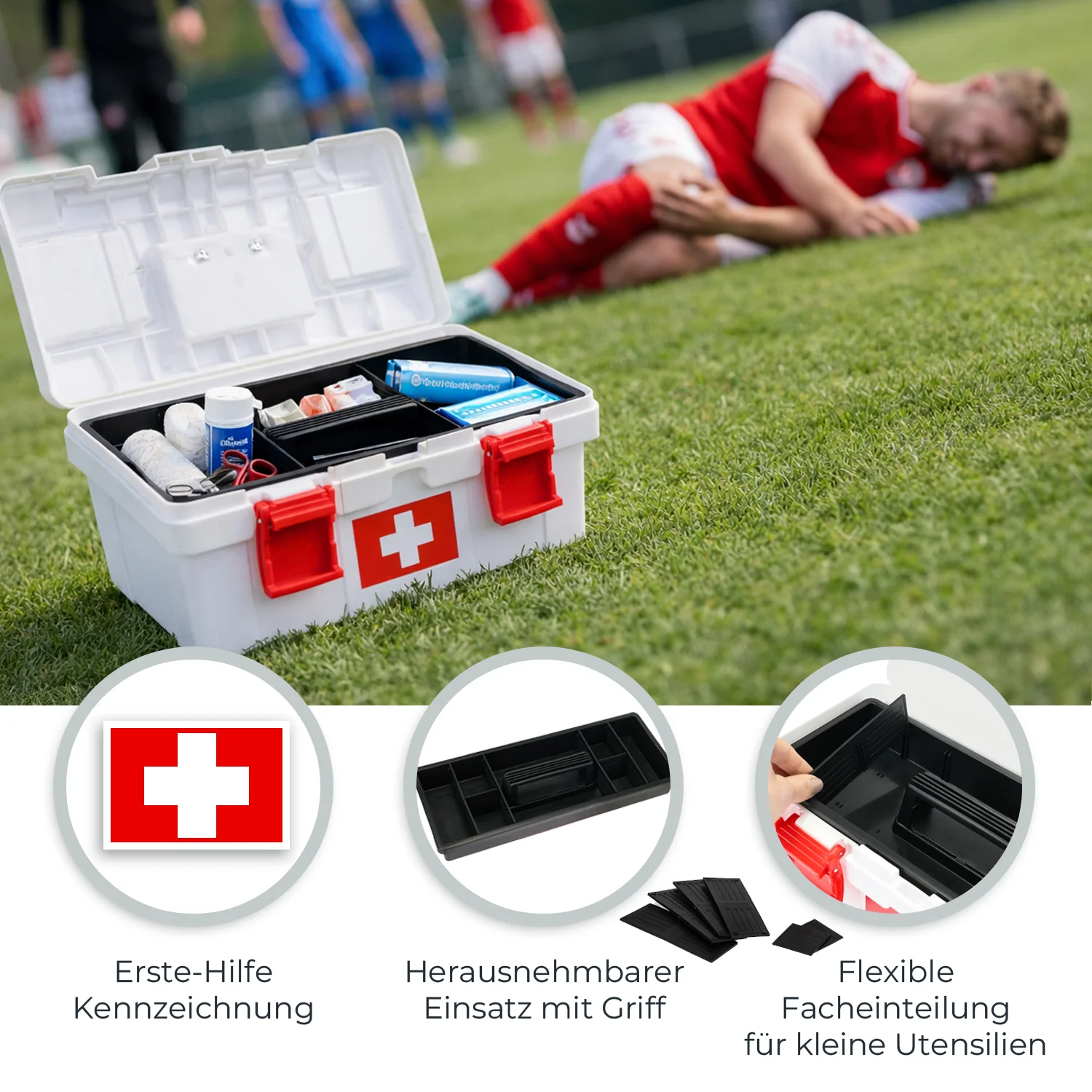 Erste Hilfe Kasten zur Medikamenten Aufbewahrung, Medizinbox leer für Sportverein, Betrieb oder Zuhause, HMF MZK100-37CM-01, 37 x 19,5 x 18,5 cm, Weiß-Rot - Image 3