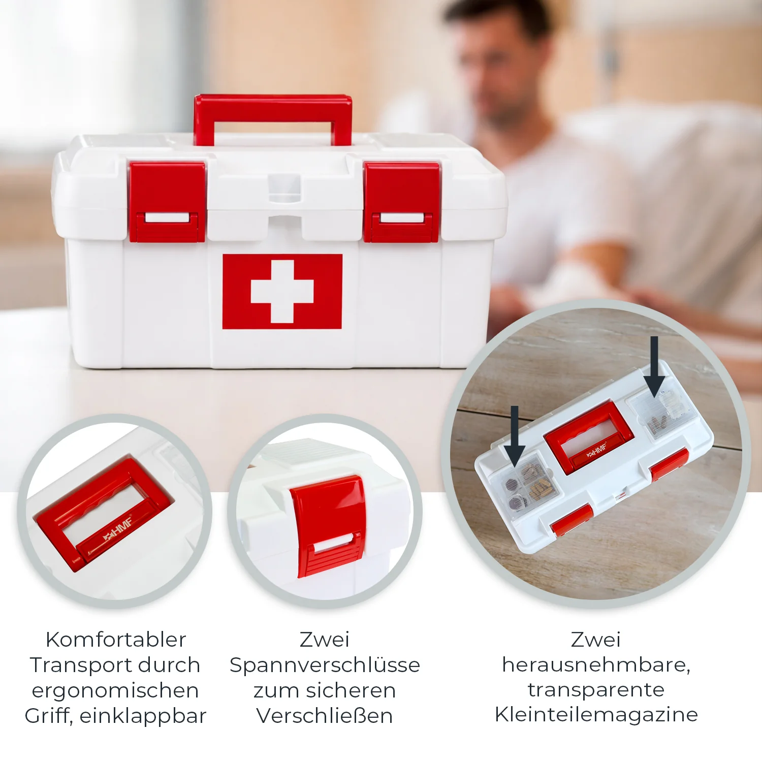 Erste Hilfe Kasten zur Medikamenten Aufbewahrung, Medizinbox leer für Sportverein, Betrieb oder Zuhause, HMF MZK100-37CM-01, 37 x 19,5 x 18,5 cm, Weiß-Rot - Image 4