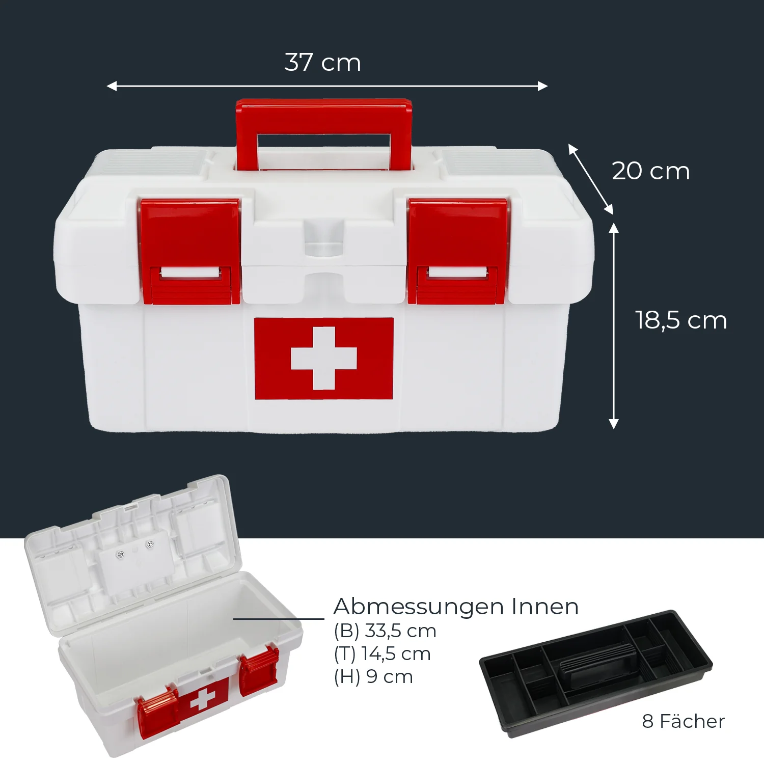 Erste Hilfe Kasten zur Medikamenten Aufbewahrung, Medizinbox leer für Sportverein, Betrieb oder Zuhause, HMF MZK100-37CM-01, 37 x 19,5 x 18,5 cm, Weiß-Rot - Image 5