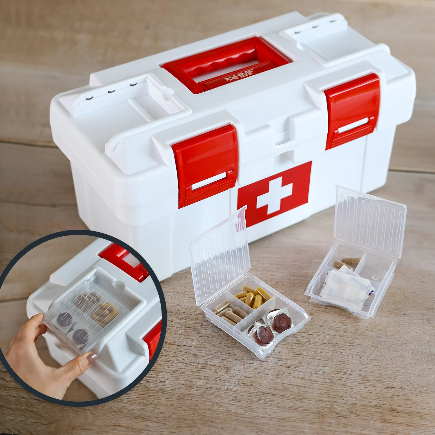 Erste Hilfe Kasten zur Medikamenten Aufbewahrung, Medizinbox leer für Sportverein, Betrieb oder Zuhause, HMF MZK100-37CM-01, 37 x 19,5 x 18,5 cm, Weiß-Rot - Image 6