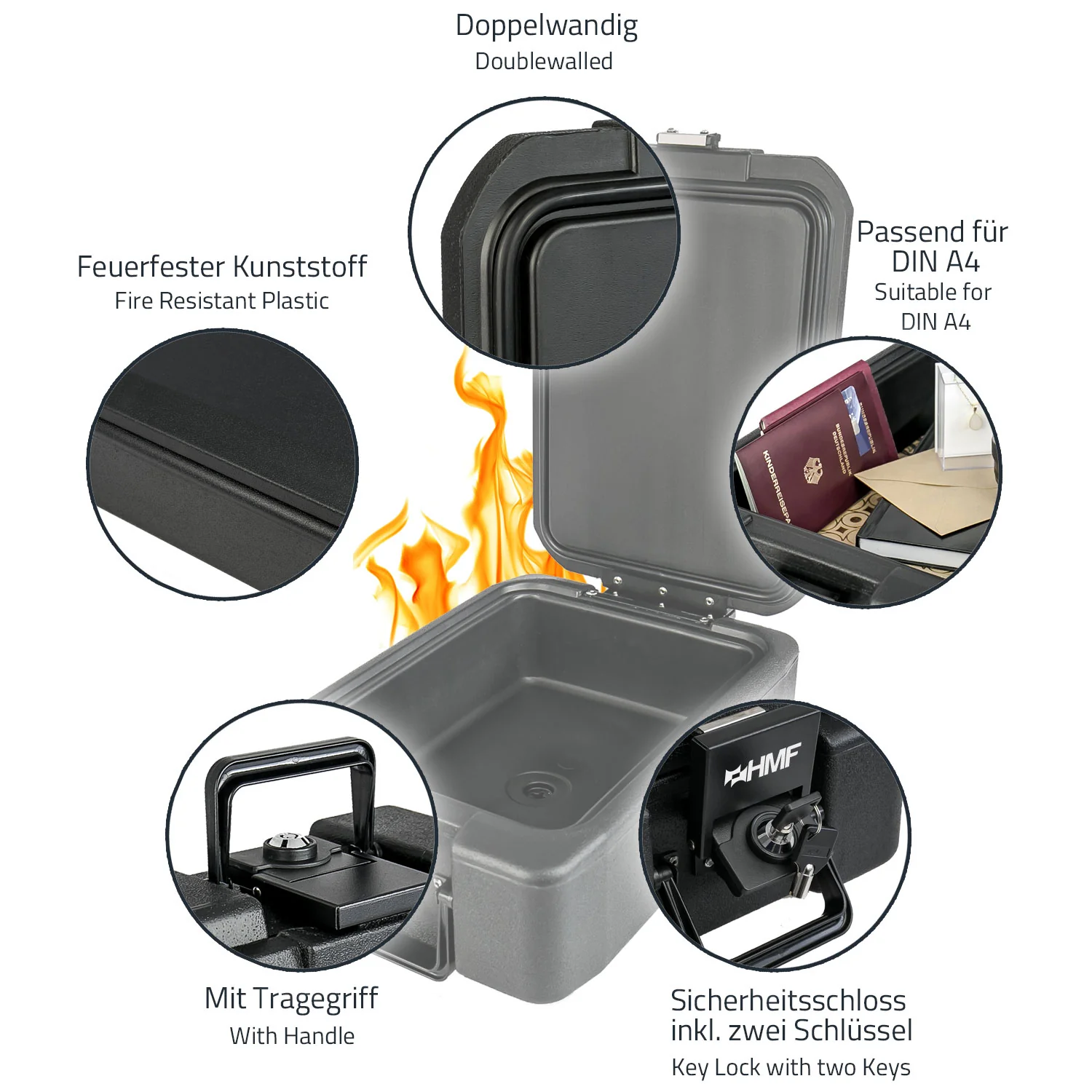Feuerfeste Geldkassette abschließbar, HMF 250442, DIN A4, Schwarz - Image 9