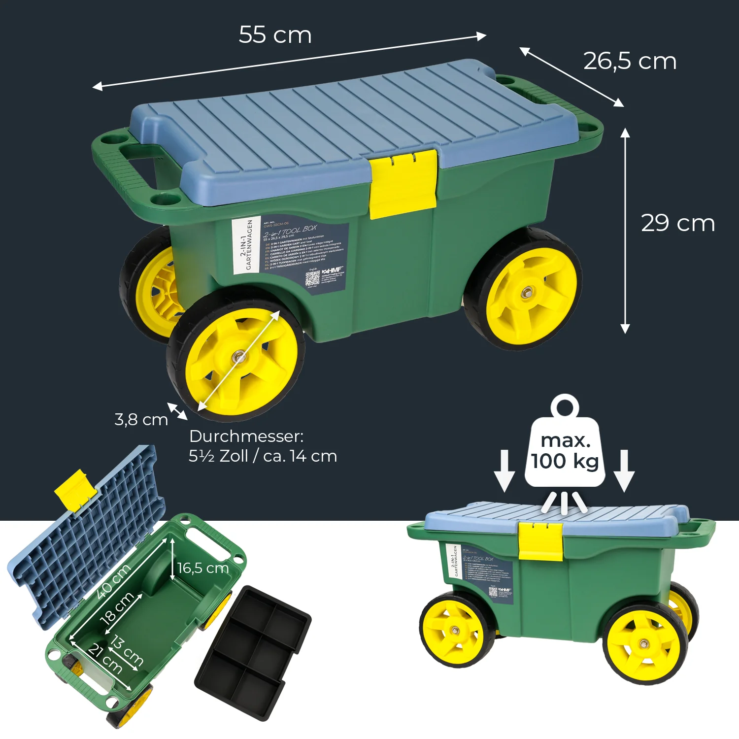 HMF 2-in-1 Gartenwagen mit Sitz und Stauraum, Gartenhocker mit großen Rollen, Rollsitz für Gartenarbeit bis 100 kg, GWS-55CM-06, 55 x 26,5 x 29,5 cm, Grün - Image 5