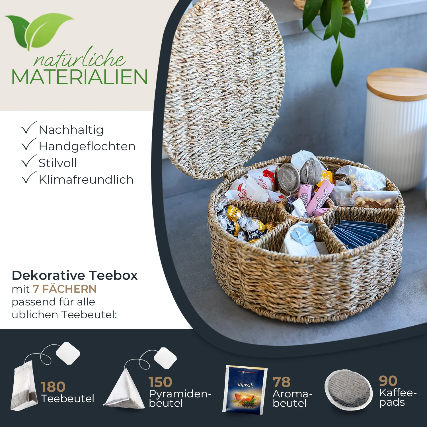 HMF 37291 Teebox für Teebeutel geflochten aus Seegras oder Wasserhyazinthe, Tee Aufbewahrungsbox mit 7 großen Fächern ,27 x 27 x 11 cm - Image 11