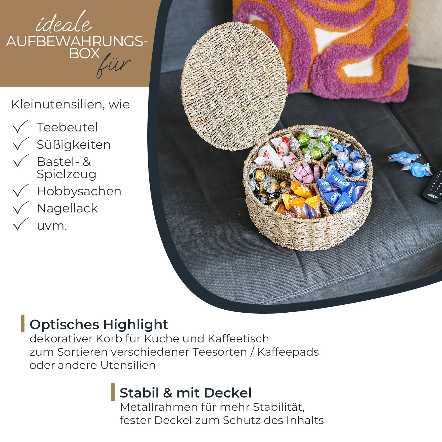 HMF 37291 Teebox für Teebeutel geflochten aus Seegras oder Wasserhyazinthe, Tee Aufbewahrungsbox mit 7 großen Fächern ,27 x 27 x 11 cm - Image 12