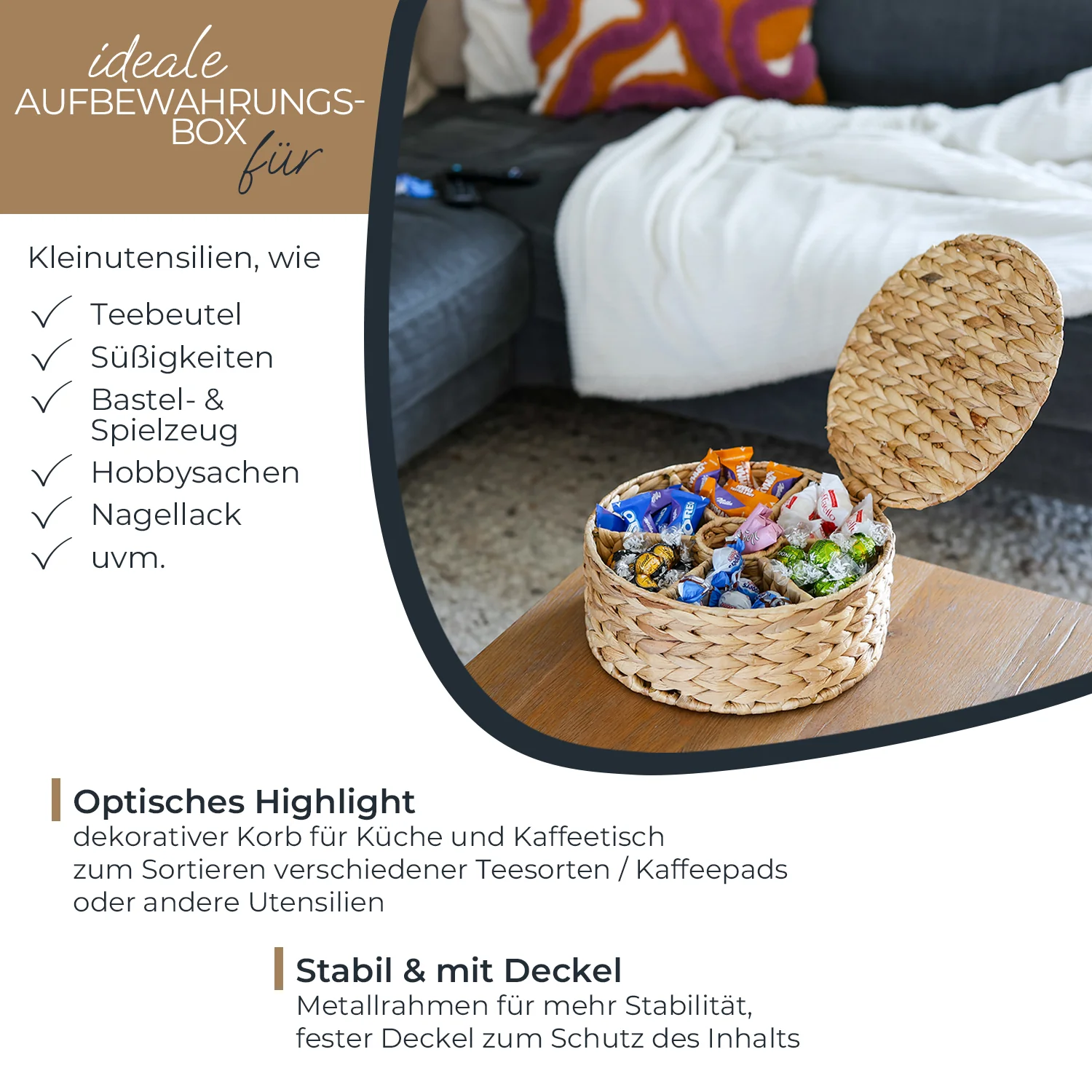 HMF 37291 Teebox für Teebeutel geflochten aus Seegras oder Wasserhyazinthe, Tee Aufbewahrungsbox mit 7 großen Fächern ,27 x 27 x 11 cm - Image 3