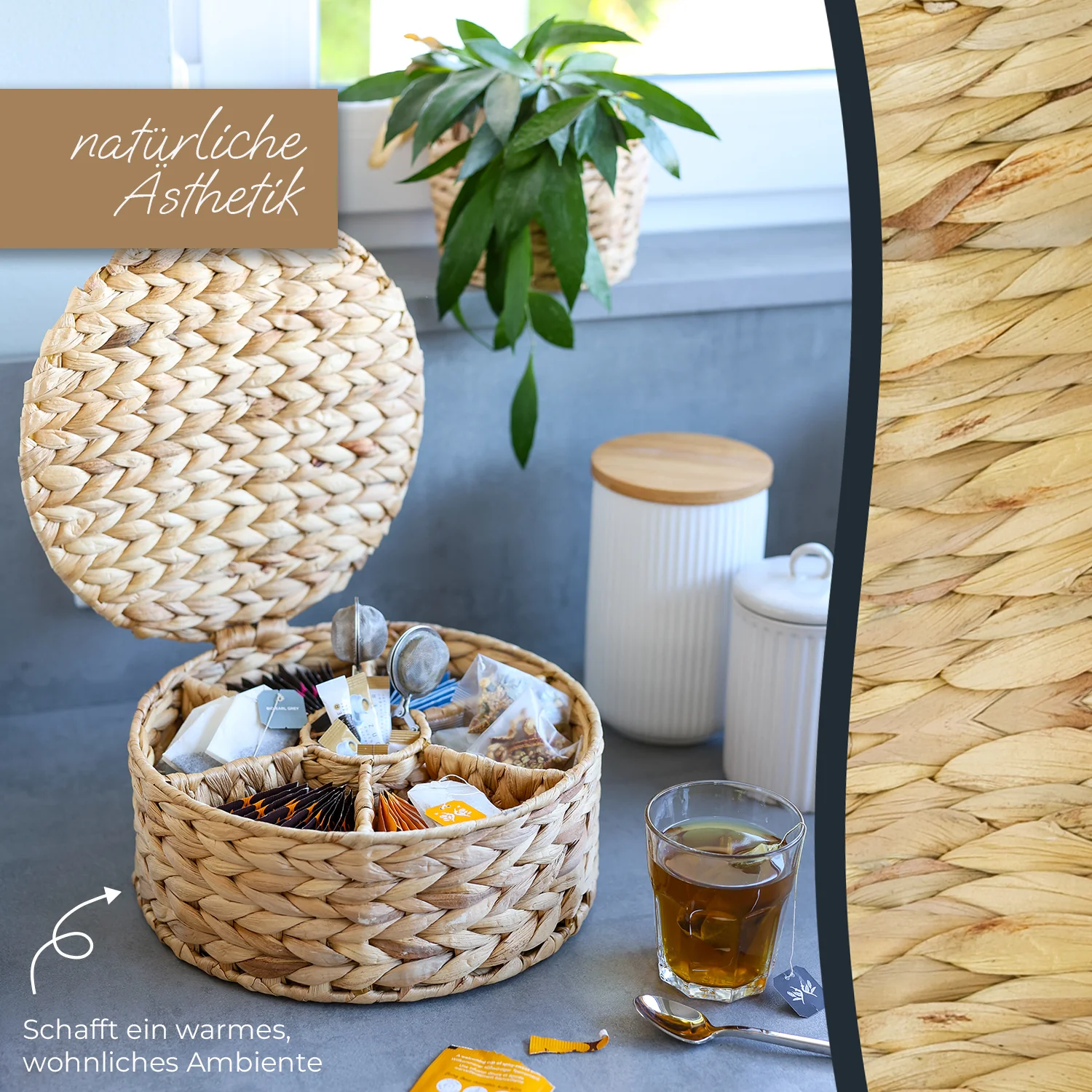HMF 37291 Teebox für Teebeutel geflochten aus Seegras oder Wasserhyazinthe, Tee Aufbewahrungsbox mit 7 großen Fächern ,27 x 27 x 11 cm - Image 4