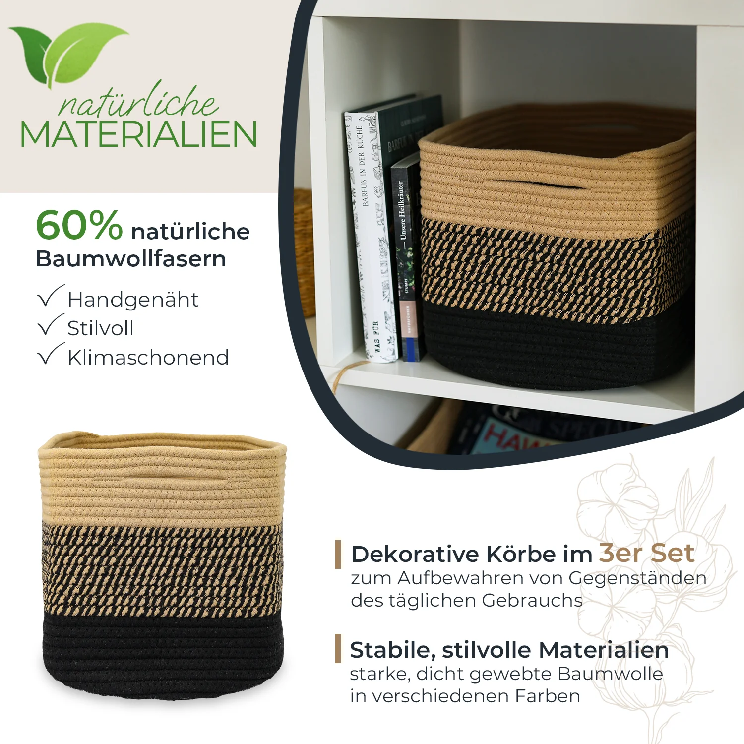 HMF 39010 Stoffkorb mit versteckten Griffen aus Baumwolle, Aufbewahrungskorb, 3er Set, 37,5 x 25 x 22,5 cm - Image 11