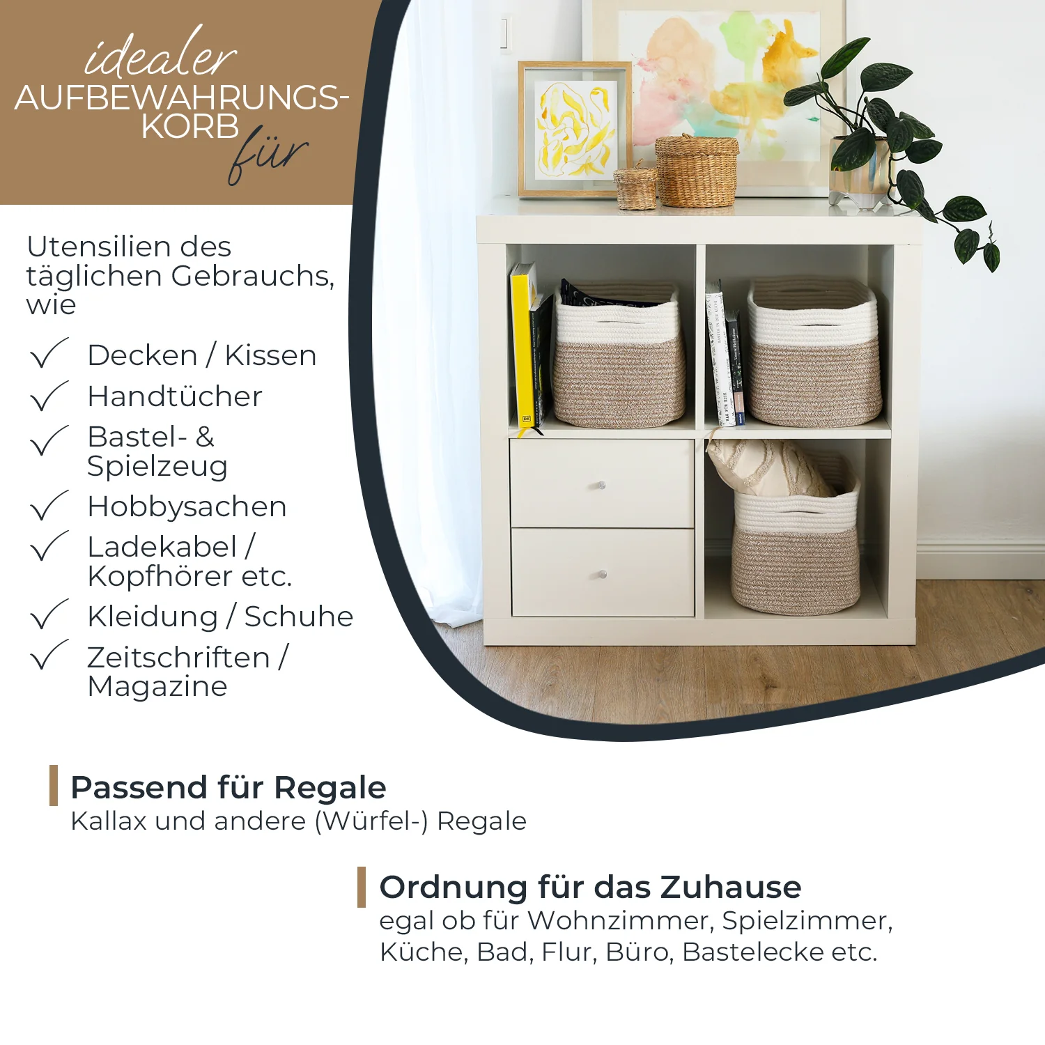 HMF 39010 Stoffkorb mit versteckten Griffen aus Baumwolle, Aufbewahrungskorb, 3er Set, 37,5 x 25 x 22,5 cm - Image 3
