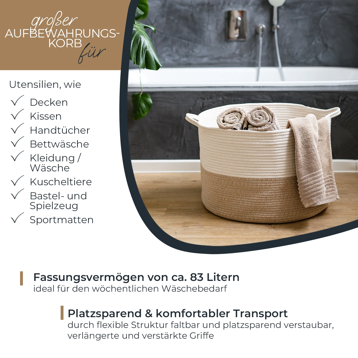 HMF 39012-55CM-80, XXL Wäschekorb aus Baumwolle, runder Aufbewahrungskorb mit Griffen, 55 x 35 cm, Weiß-Braun - Image 3