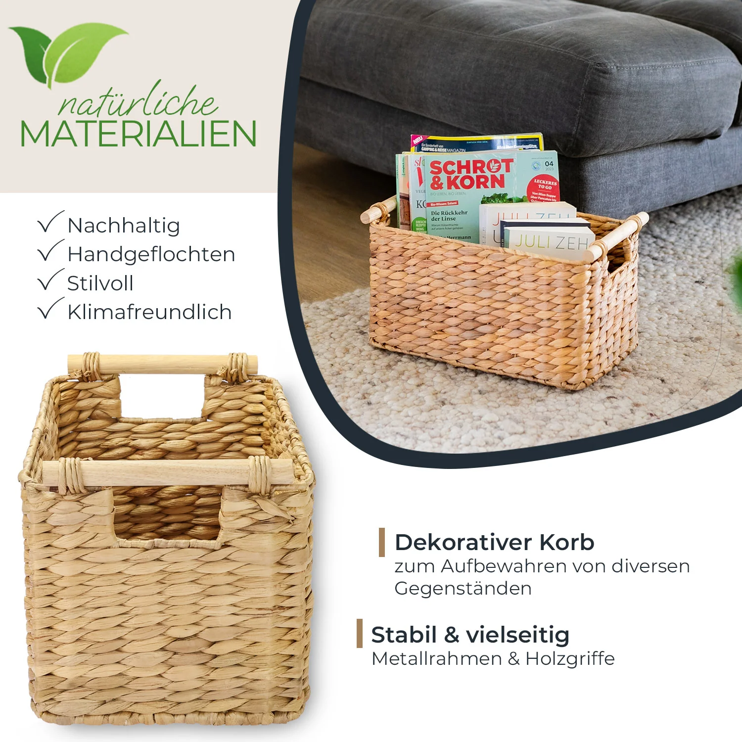Aufbewahrungskorb geflochten aus Wasserhyazinthe, dekorativer Korb mit Holzgriffen zur Aufbewahrung für Badezimmer, Wohnzimmer, Küche, HMF 37279 - Image 12
