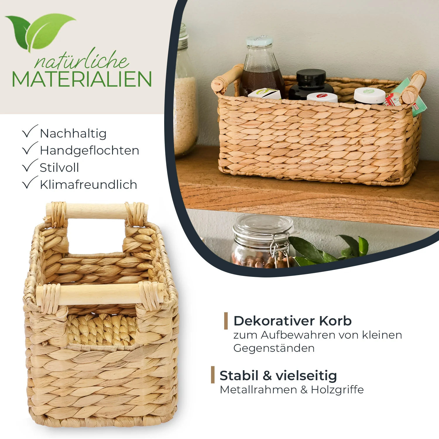 Aufbewahrungskorb geflochten aus Wasserhyazinthe, dekorativer Korb mit Holzgriffen zur Aufbewahrung für Badezimmer, Wohnzimmer, Küche, HMF 37279 - Image 21