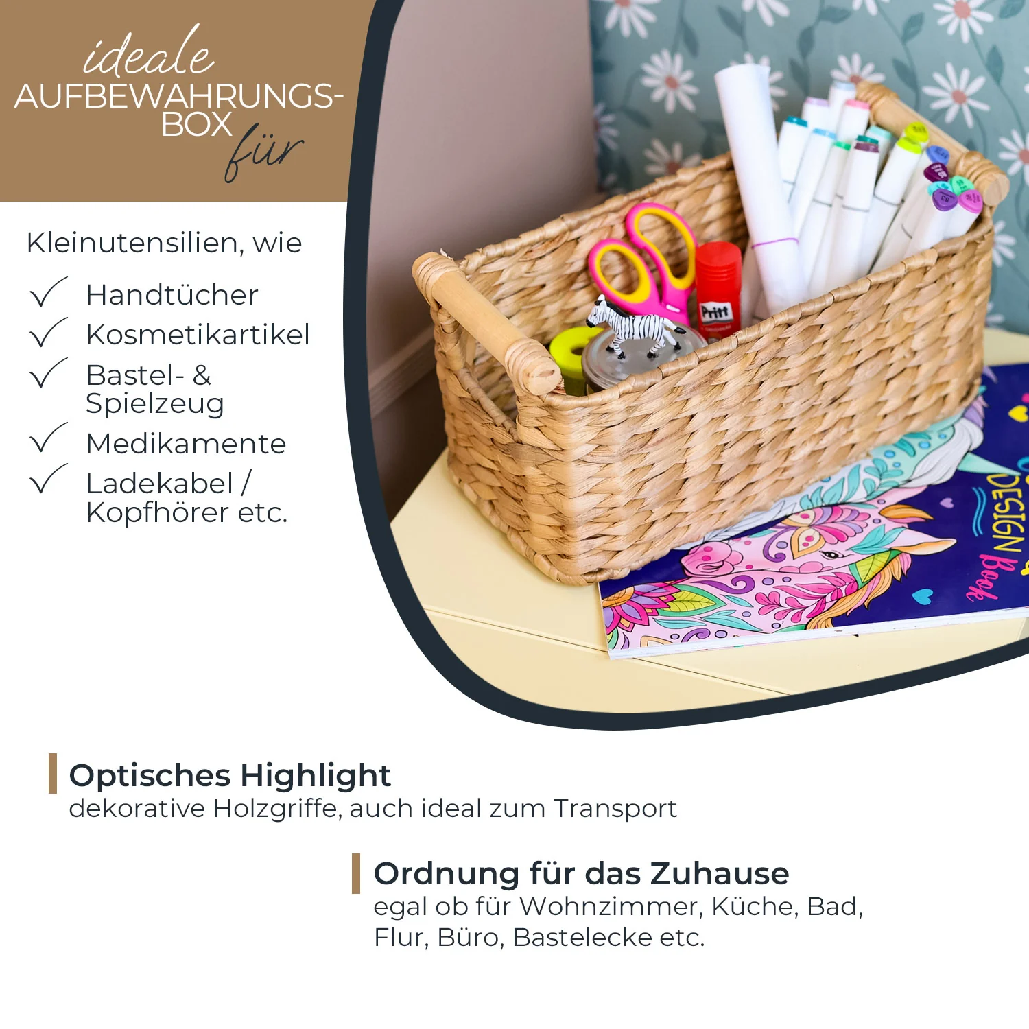 Aufbewahrungskorb geflochten aus Wasserhyazinthe, dekorativer Korb mit Holzgriffen zur Aufbewahrung für Badezimmer, Wohnzimmer, Küche, HMF 37279 - Image 4
