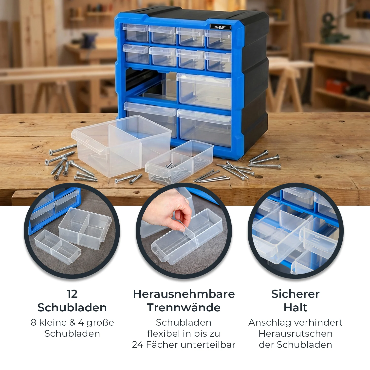 Sortierbox für Kleinteile mit 12 Schubladen, Sortimentskasten für Schrauben und Werkzeug, 24 Fächer, HMF STK100-07-05, 26,5 x 26,5 x 16 cm, Blau-Schwarz - Image 3