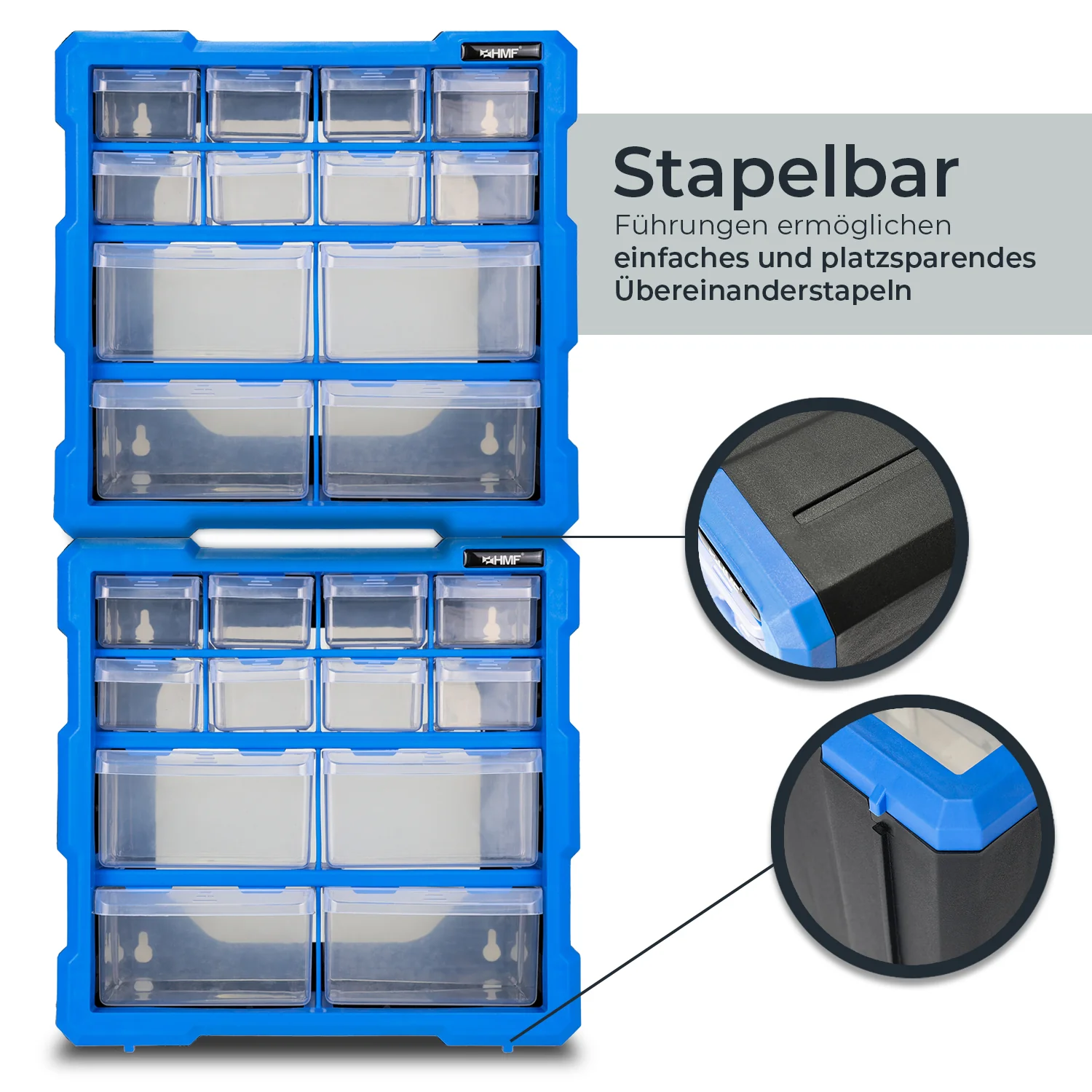 Sortierbox für Kleinteile mit 12 Schubladen, Sortimentskasten für Schrauben und Werkzeug, 24 Fächer, HMF STK100-07-05, 26,5 x 26,5 x 16 cm, Blau-Schwarz - Image 4