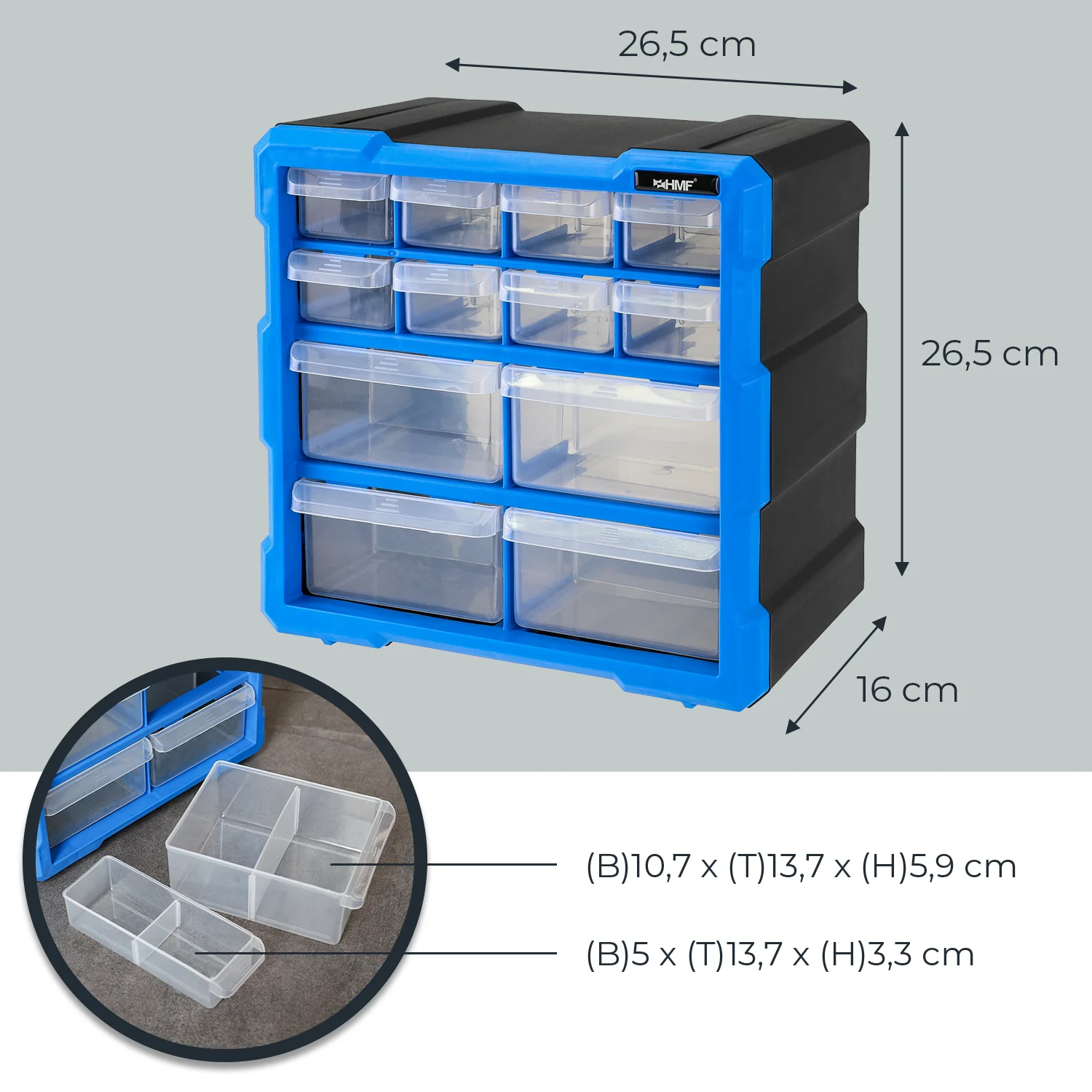 Sortierbox für Kleinteile mit 12 Schubladen, Sortimentskasten für Schrauben und Werkzeug, 24 Fächer, HMF STK100-07-05, 26,5 x 26,5 x 16 cm, Blau-Schwarz - Image 5