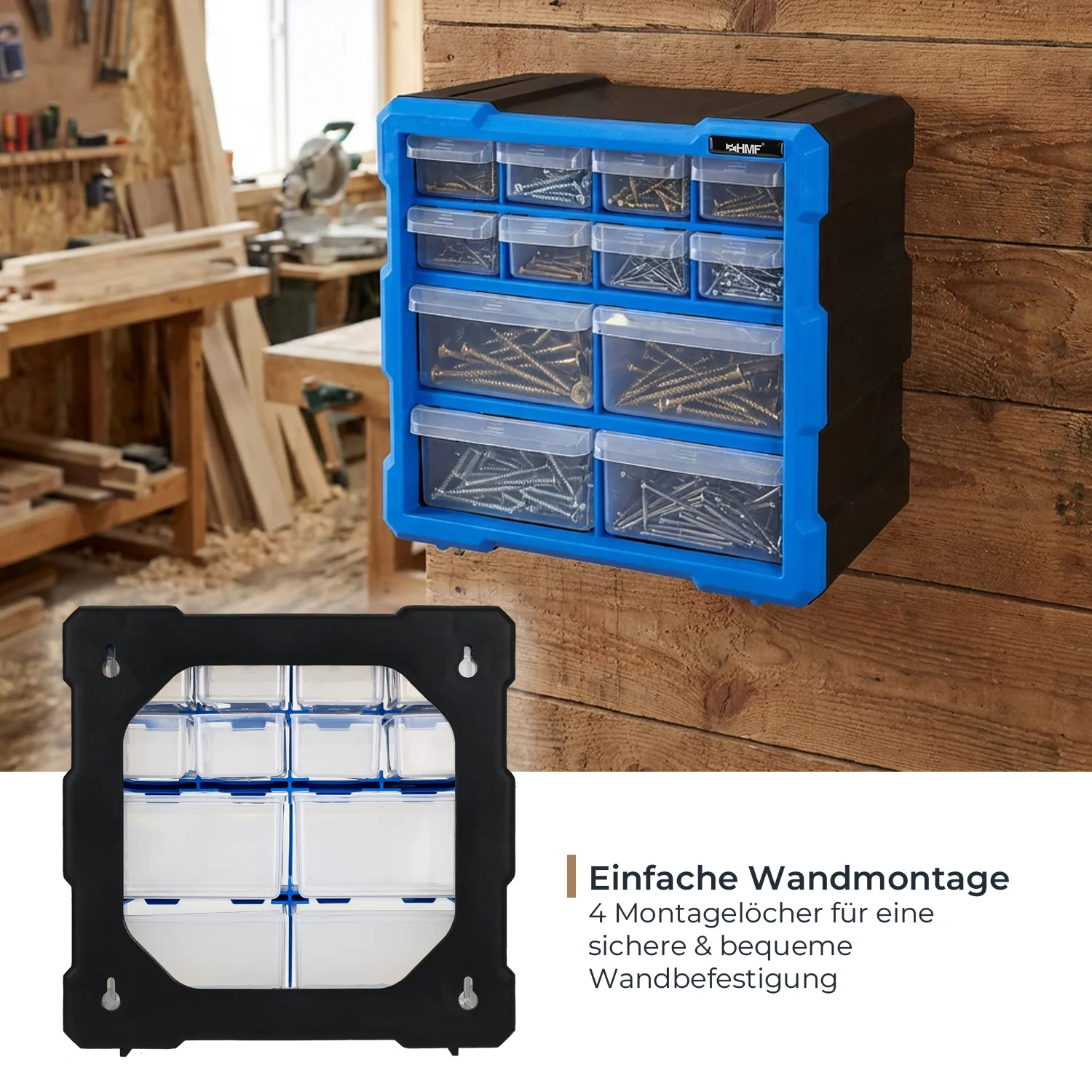 Sortierbox für Kleinteile mit 12 Schubladen, Sortimentskasten für Schrauben und Werkzeug, 24 Fächer, HMF STK100-07-05, 26,5 x 26,5 x 16 cm, Blau-Schwarz - Image 6