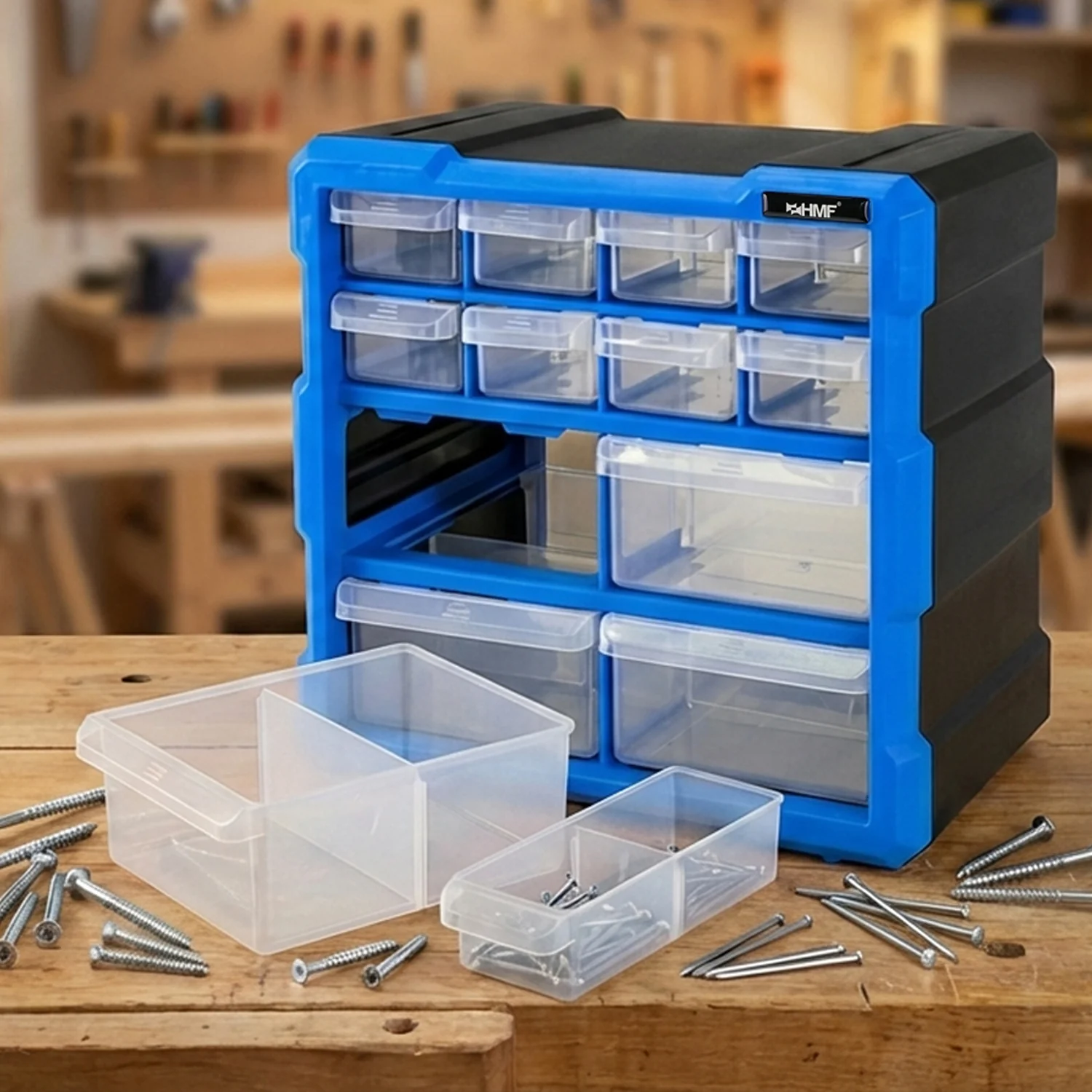 Sortierbox für Kleinteile mit 12 Schubladen, Sortimentskasten für Schrauben und Werkzeug, 24 Fächer, HMF STK100-07-05, 26,5 x 26,5 x 16 cm, Blau-Schwarz - Image 8