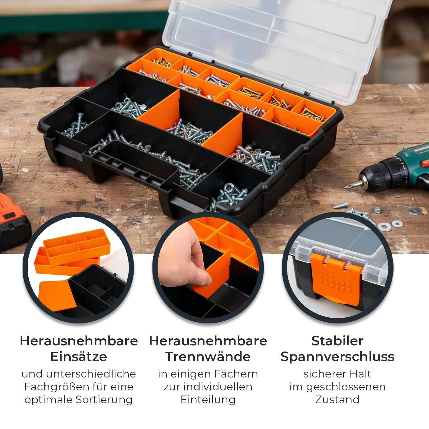 Sortierbox 4-teilig leer, Sortimentskasten für Werkzeug und Kleinteile, HMF STK301-18, 49 Fächer, transparenter Deckel, Schwarz-Orange - Image 3