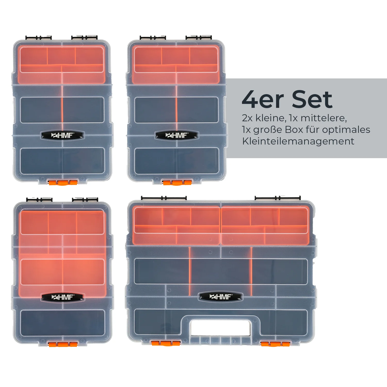 Sortierbox 4-teilig leer, Sortimentskasten für Werkzeug und Kleinteile, HMF STK301-18, 49 Fächer, transparenter Deckel, Schwarz-Orange - Image 4