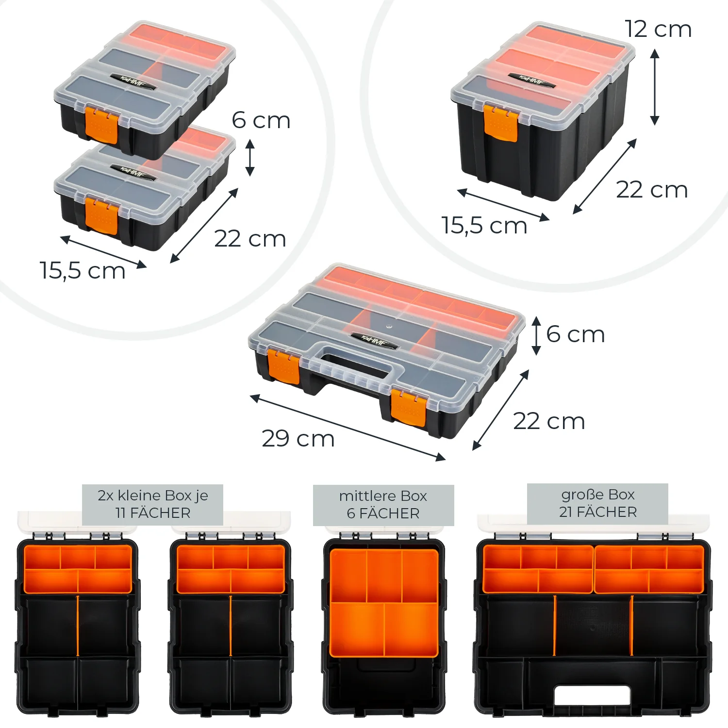 Sortierbox 4-teilig leer, Sortimentskasten für Werkzeug und Kleinteile, HMF STK301-18, 49 Fächer, transparenter Deckel, Schwarz-Orange - Image 5