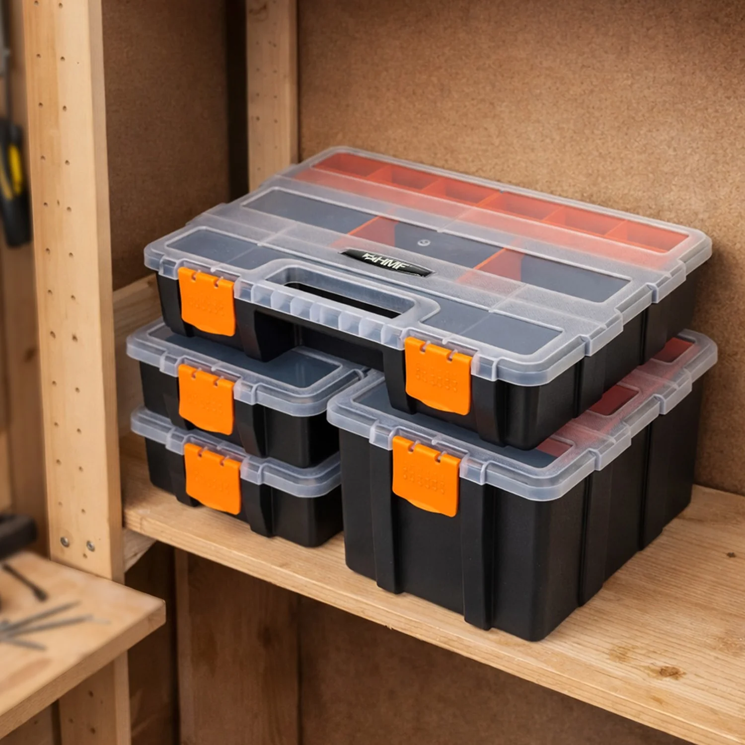 Sortierbox 4-teilig leer, Sortimentskasten für Werkzeug und Kleinteile, HMF STK301-18, 49 Fächer, transparenter Deckel, Schwarz-Orange - Image 8