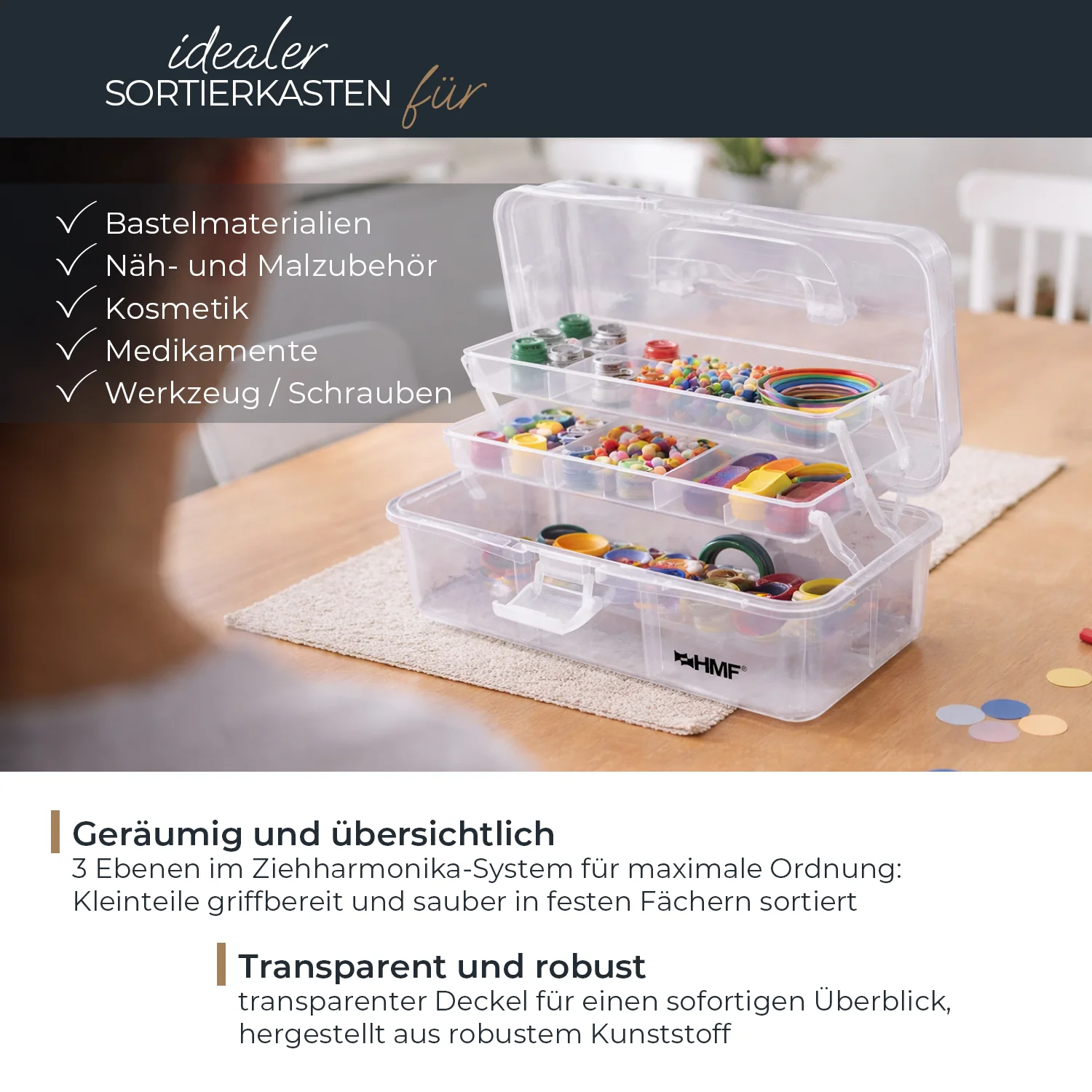 Nähkasten aufklappbar mit 3 Ebenen, Sortierbox für Kleinteile, HMF STK900, 33 x 20 x 15 cm - Image 11