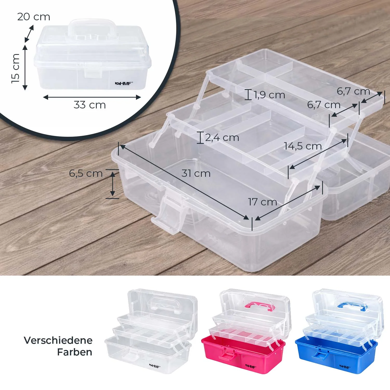 Nähkasten aufklappbar mit 3 Ebenen, Sortierbox für Kleinteile, HMF STK900, 33 x 20 x 15 cm - Image 14