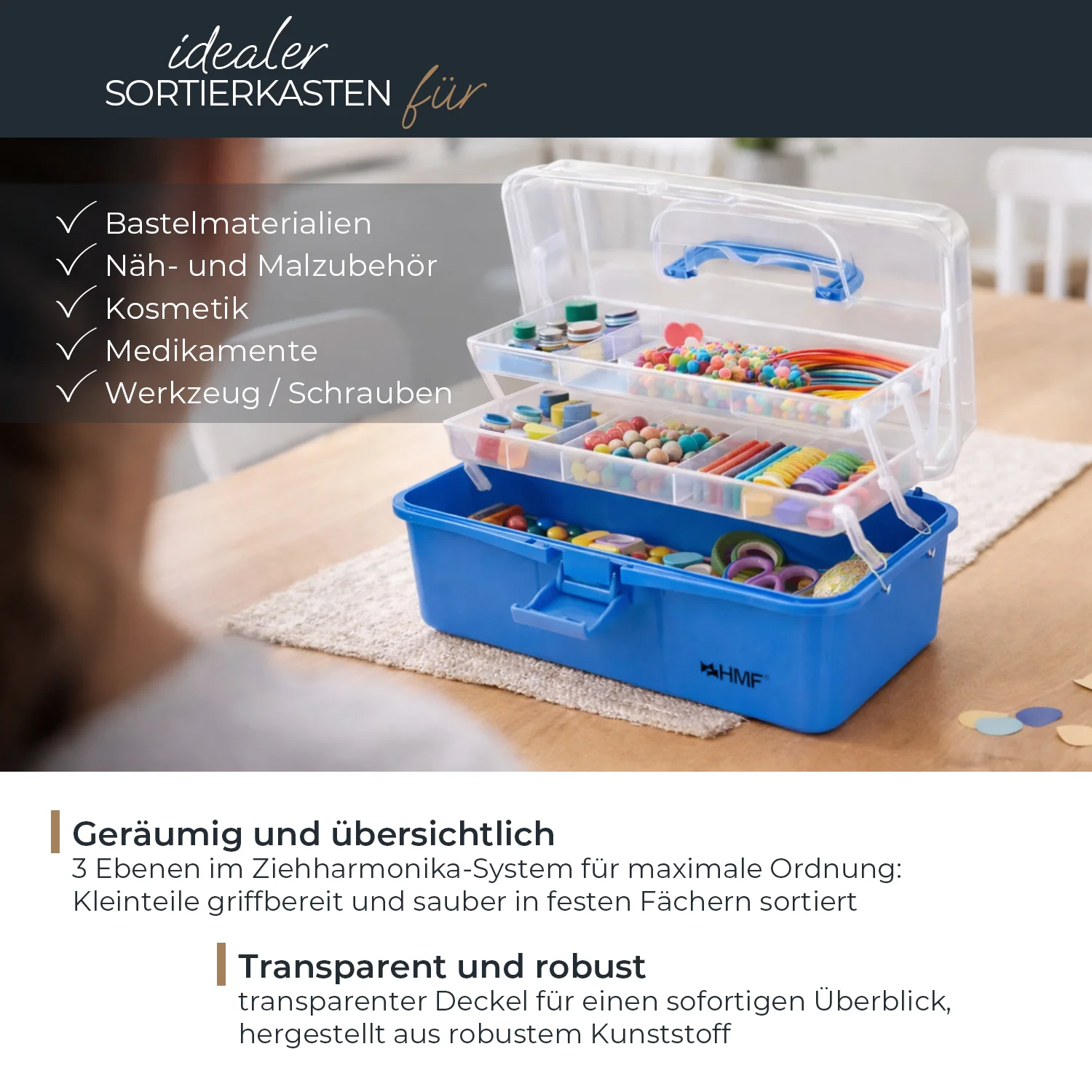 Nähkasten aufklappbar mit 3 Ebenen, Sortierbox für Kleinteile, HMF STK900, 33 x 20 x 15 cm - Image 20