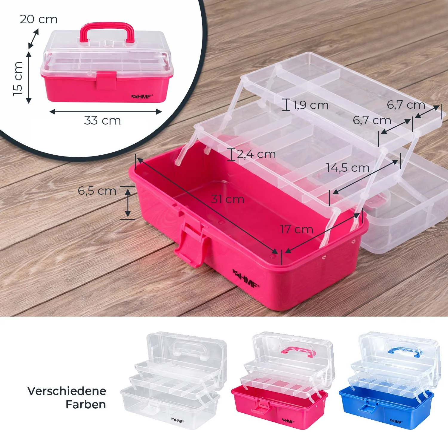 Nähkasten aufklappbar mit 3 Ebenen, Sortierbox für Kleinteile, HMF STK900, 33 x 20 x 15 cm - Image 5