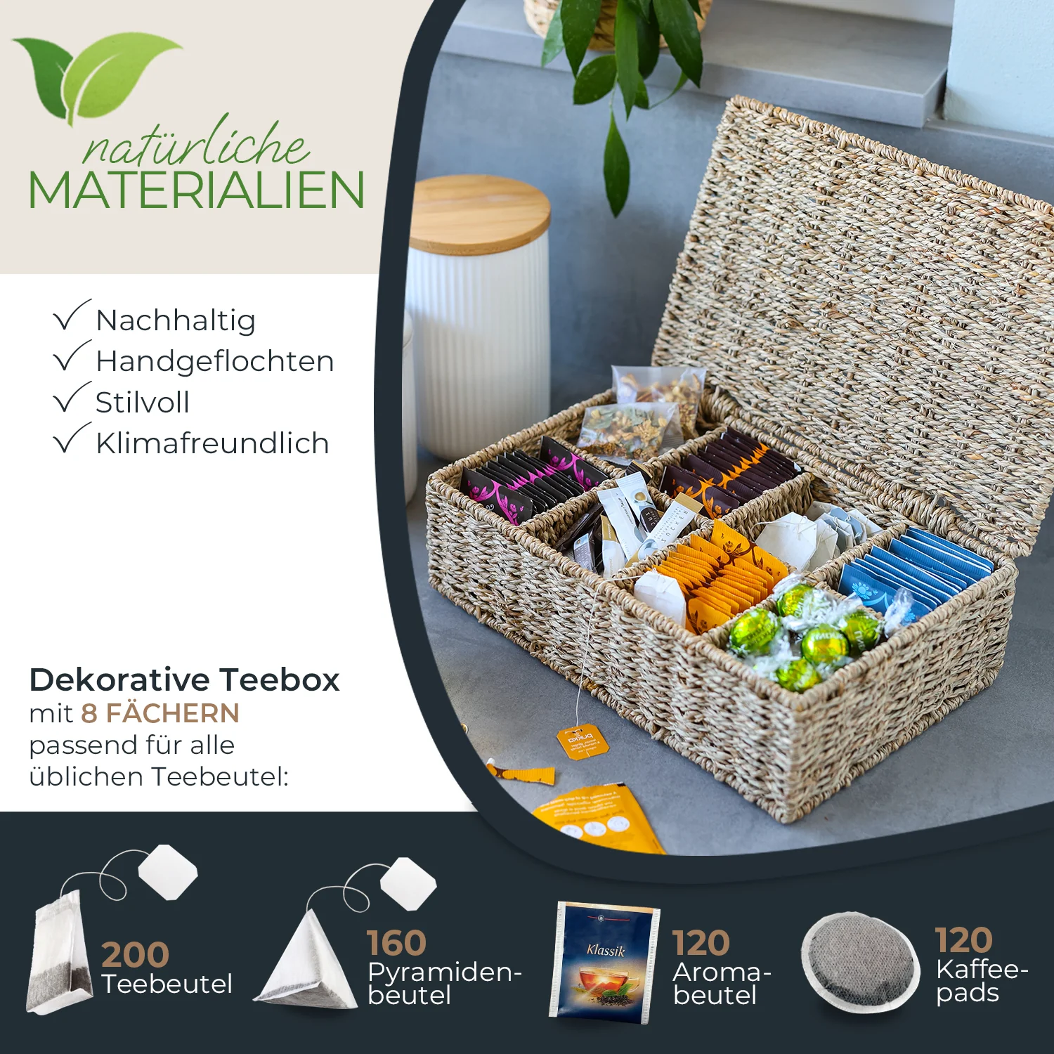 HMF Teebox 37290 für Teebeutel geflochten aus Wasserhyazinthe Seegras, Tee Aufbewahrungsbox mit 8 großen Fächern | 33 x 21 x 10 cm - Image 11
