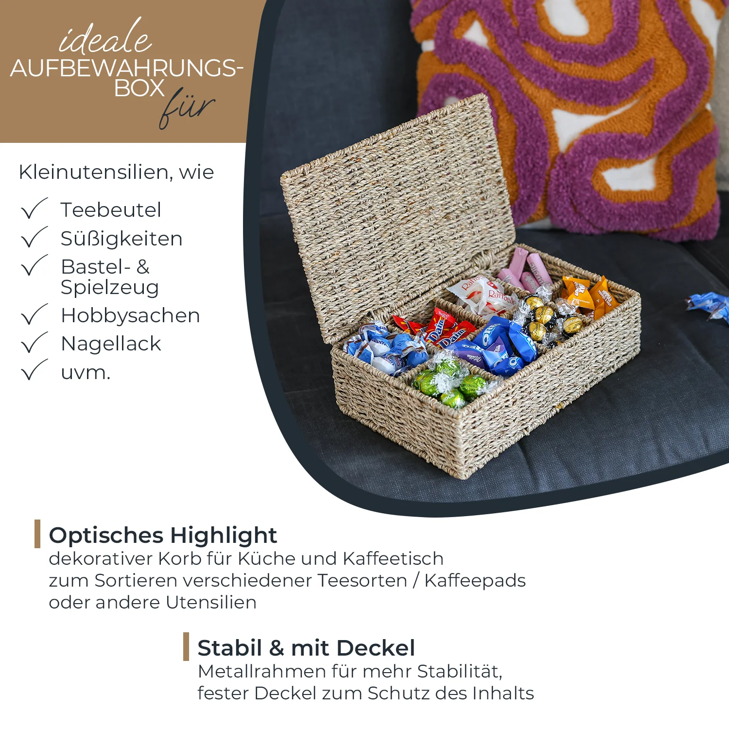 HMF Teebox 37290 für Teebeutel geflochten aus Wasserhyazinthe Seegras, Tee Aufbewahrungsbox mit 8 großen Fächern | 33 x 21 x 10 cm - Image 12