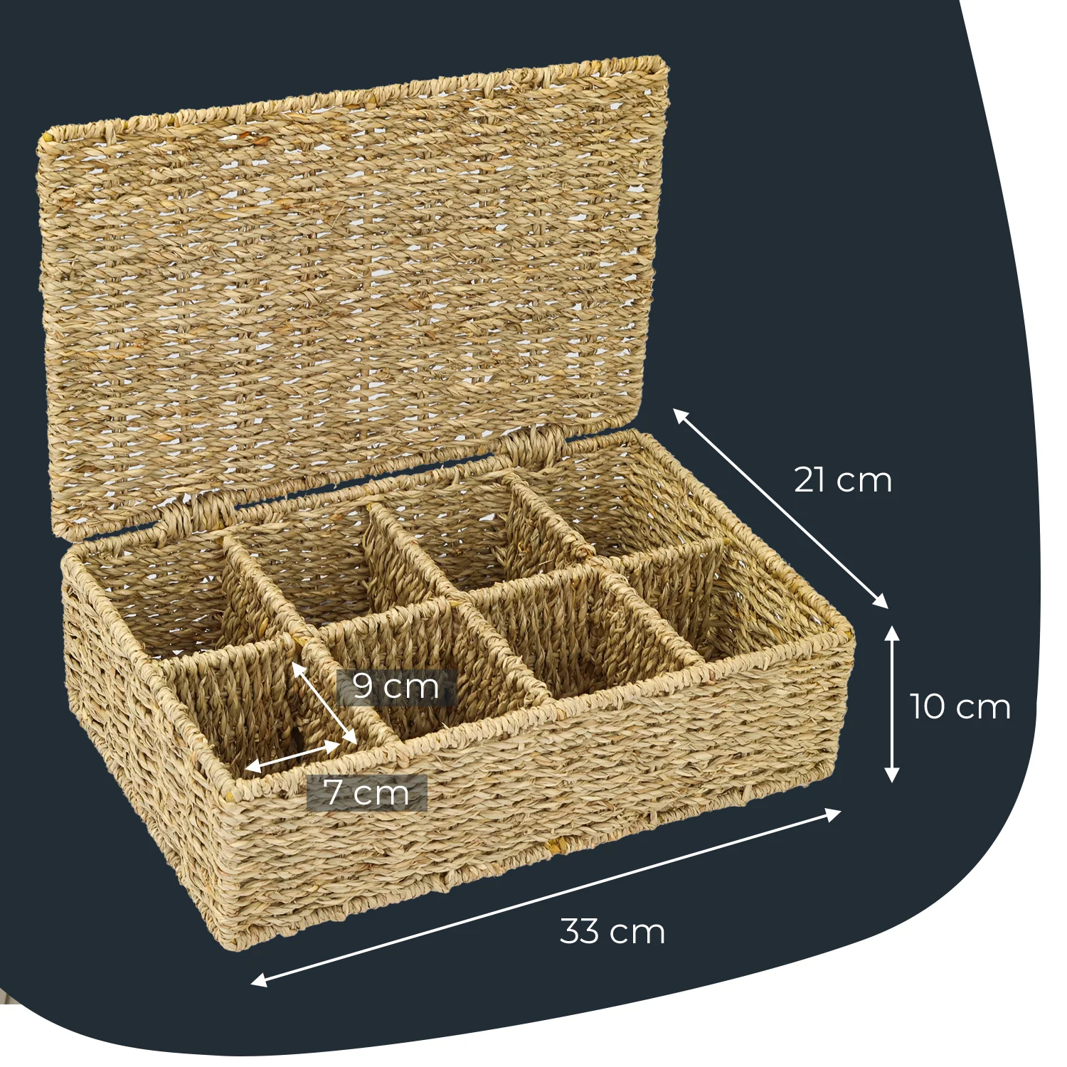 HMF Teebox 37290 für Teebeutel geflochten aus Wasserhyazinthe Seegras, Tee Aufbewahrungsbox mit 8 großen Fächern | 33 x 21 x 10 cm - Image 14