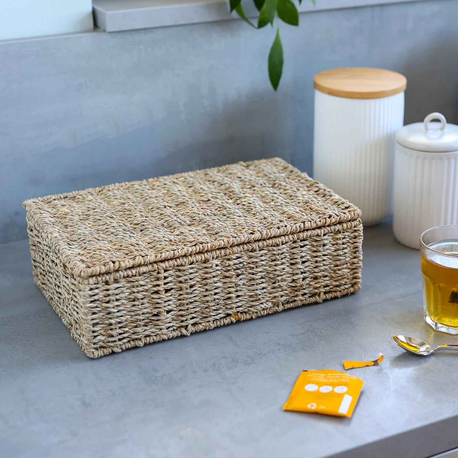 HMF Teebox 37290 für Teebeutel geflochten aus Wasserhyazinthe Seegras, Tee Aufbewahrungsbox mit 8 großen Fächern | 33 x 21 x 10 cm - Image 15