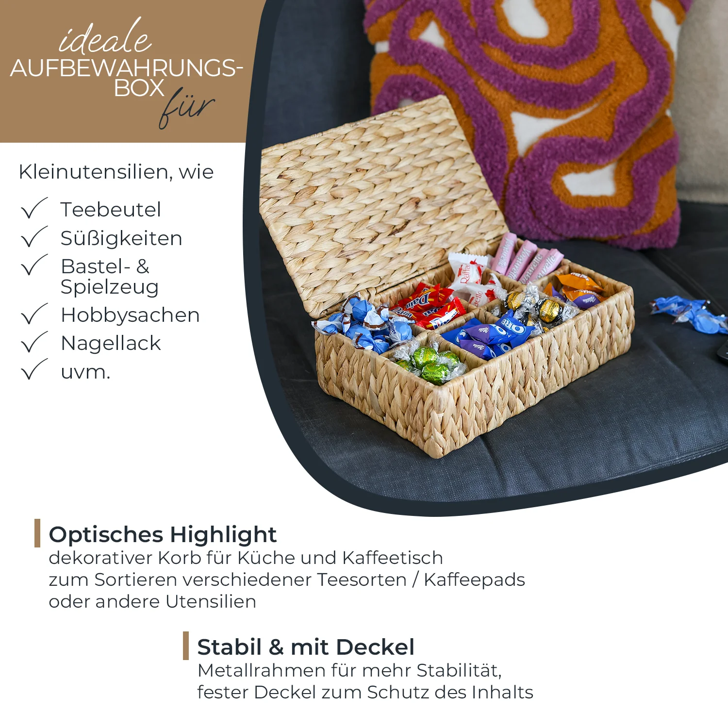 HMF Teebox 37290 für Teebeutel geflochten aus Wasserhyazinthe Seegras, Tee Aufbewahrungsbox mit 8 großen Fächern | 33 x 21 x 10 cm - Image 3